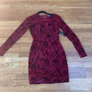 Lulu’s Open Back, Velvet Appliqué Red Long Sleeve Dress